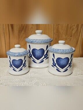 Vintage Country Sponged Blue Heart Set of 3 Canisters Ceramic Lids Cottage Core
